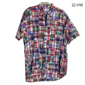 J Press Madras Plaid Classic Red Blue Button Down Mens L Short Sleeve Vintage ?